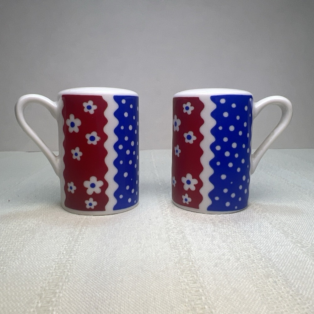 Vintage Salt Pepper Shakers Ceramic JAPAN Red Blue Handles MCM IMPORT